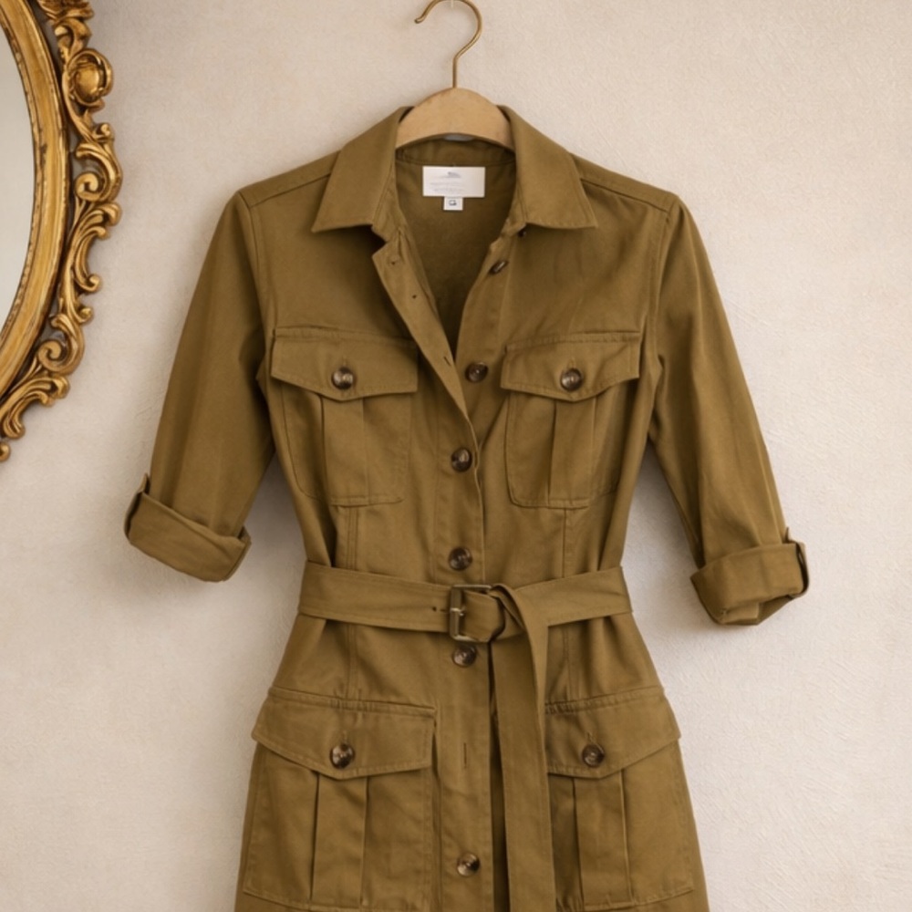 H&M Khaki Utility Shirt Dress Safari Button Front Pockets S M